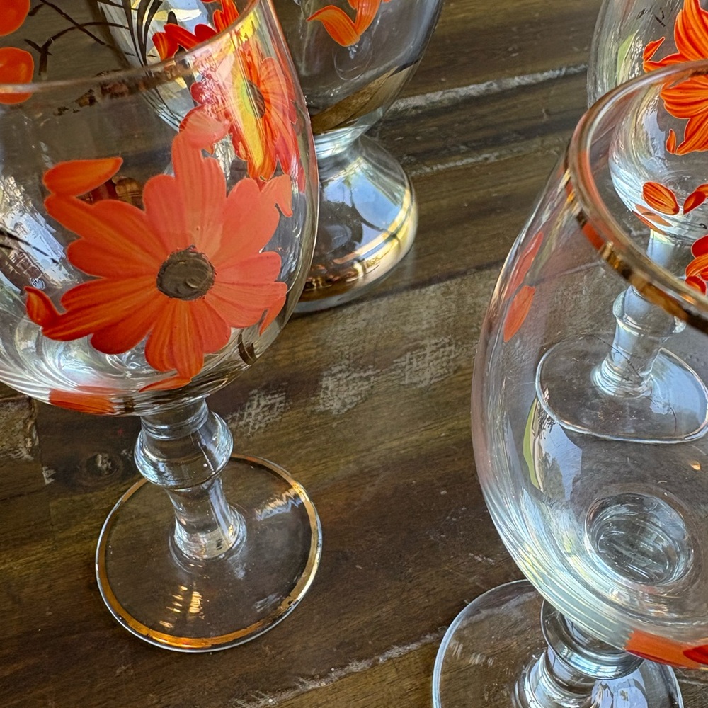 MCM Decanter Set Orange & Gold Gilded Striped Cordial Glass Hand Painted Floral - Picture 4 of 11